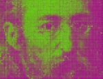 Portret Jana Matejki, na który nałożono zielono-fioletowy filtr kolorystyczny z efektem wykropkowania.