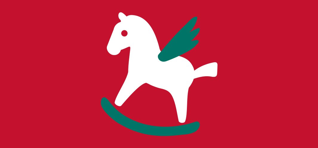 Prosta grafika przedstawia konia na biegunach. Biały konik ma zielone skrzydła i bieguny. Tło jest jednolicie czerwone.