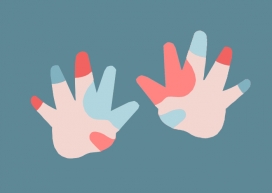 Prosta, geometryczna grafika przedstawiająca dłoń z palcami poplamionymi farbą na różne kolory: fioletowy, czerwony, pomarańczowy i żółty. Zewnętrzna część dłoni jest poplamiona na niebiesko.