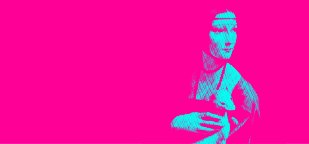 Obraz “Dama z gronostajem”, na który nałożono różowo-niebieski filtr kolorystyczny. 
