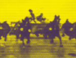 Uproszczona wizualnie wersja obrazu “Czwórka” Józefa Chełmońskiego, na którym znajduje się zaprzęg czterech koni prowadzonych przez woźnicę. Na obraz nałożono niebiesko-żółty filtr kolorystyczny z efektem wykropkowania.