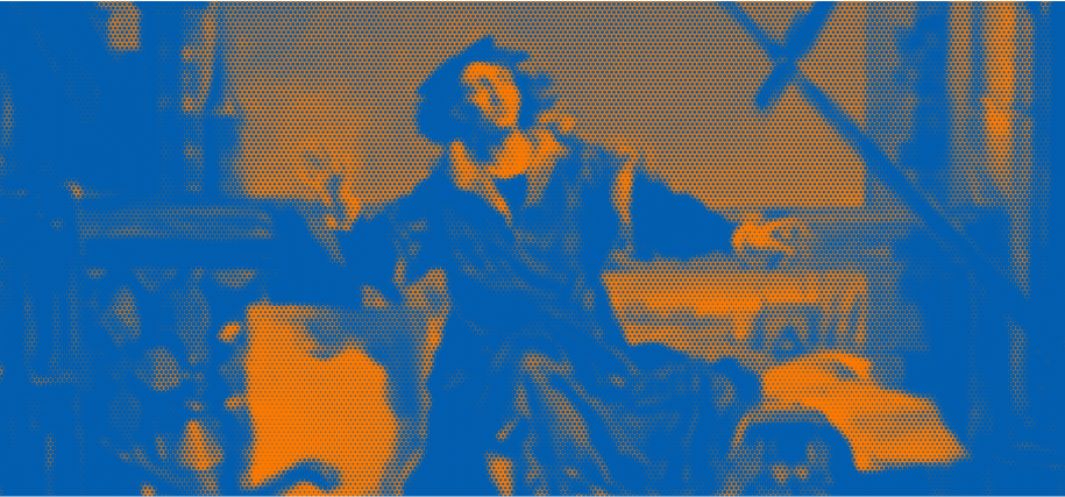 Obraz “Astronom Kopernik, czyli rozmowa z Bogiem” z nałożonym niebiesko-pomarańczowym filtrem kolorystycznym i efektem wykropkowania.