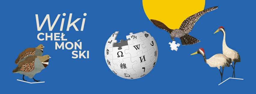 Grafika akcji WikiChełmoński: kolorowe grafiki przedstawiające ptaki z obrazów Józefa Chełmońskiego, symbol Wikipedii, napis: WikiChełmoński