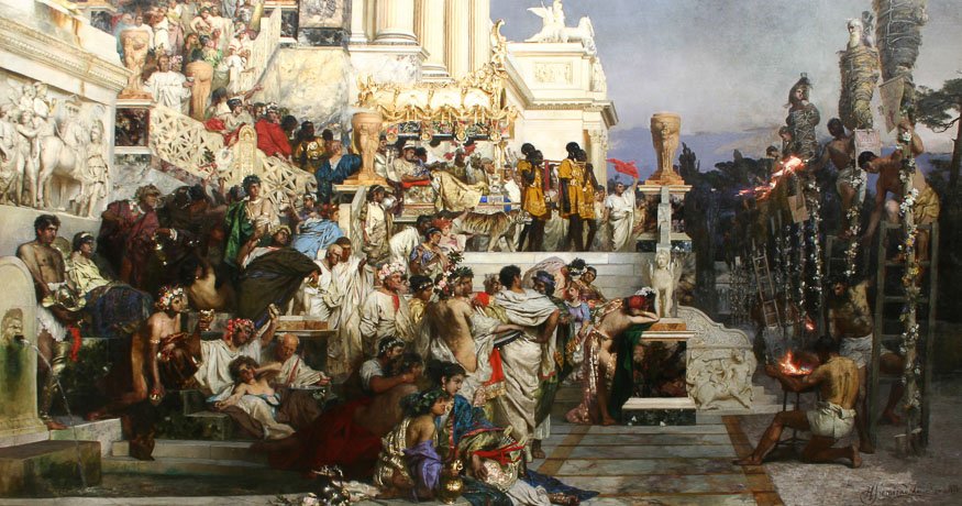 Obraz ukazuje scenę z czasów Imperium Romanum, za rządów cesarza Nerona. Po prawej stronie obrazu zostali ukazani chrześcijanie przywiązani do pali w ogrodach pałacu Nerona. Pochodnie te zaraz zostaną podpalone na oczach Cezara i jego ludzi. Prócz męczenn