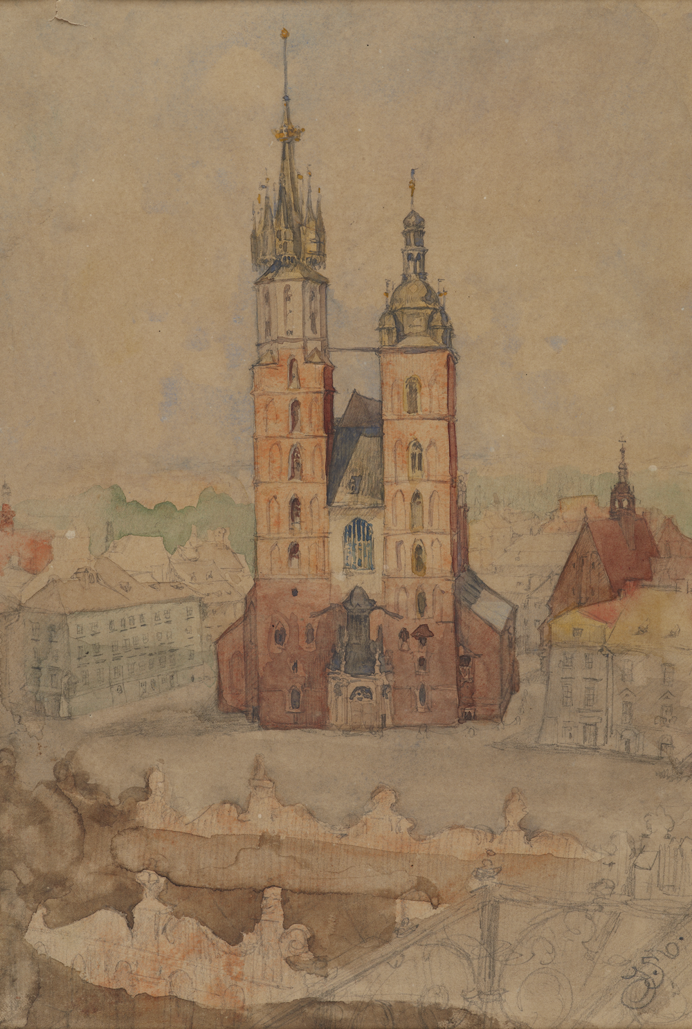 Akwarela przedstawia widok z Wieży Ratuszowej w Krakowie. W centrum kompozycji znajduje się Bazylika Mariacka. Z niezwykłą dokładnością oddano dwie wieże Bazyliki. Pozostałe elementy panoramy, czyli budynki otaczające rynek główny w Krakowie, są nieco roz