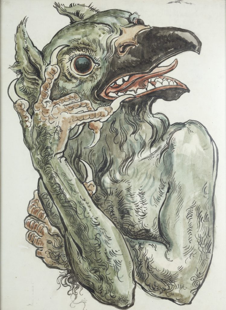 Ilustracja przedstawiająca stworzenie o cechach ptasich i ludzkich: zielonkawa skóra z wyraźnymi kreskami, duże okrągłe oko z czerwonawą obwódką, masywny czarny dziób z odsłoniętymi zębami i długim językiem oraz długie palce i pazury przy twarzy.