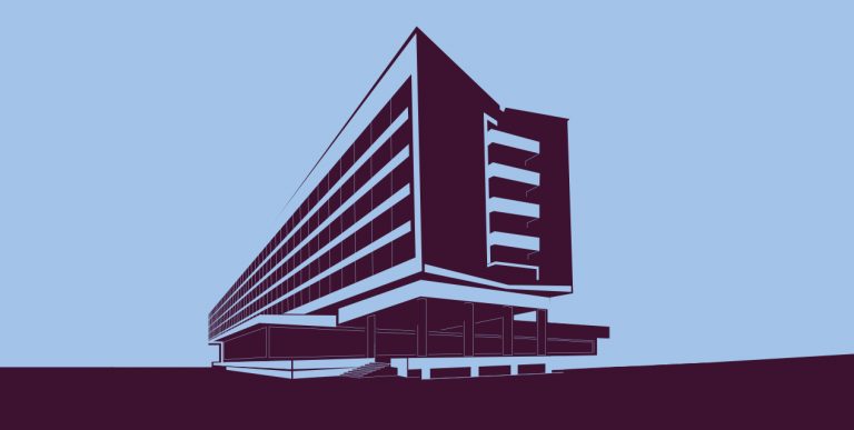 Grafika w dwóch kolorach przedstawiająca widok z niskiego kąta na wydłużony modernistyczny budynek o kantylwerowej bryle, ciemnofioletowe elementy z poziomymi pasami okien, filary pod częścią nadwieszoną, schody i płaska ciemnafioletowa nawierzchnia na jasnoniebieskim tle.