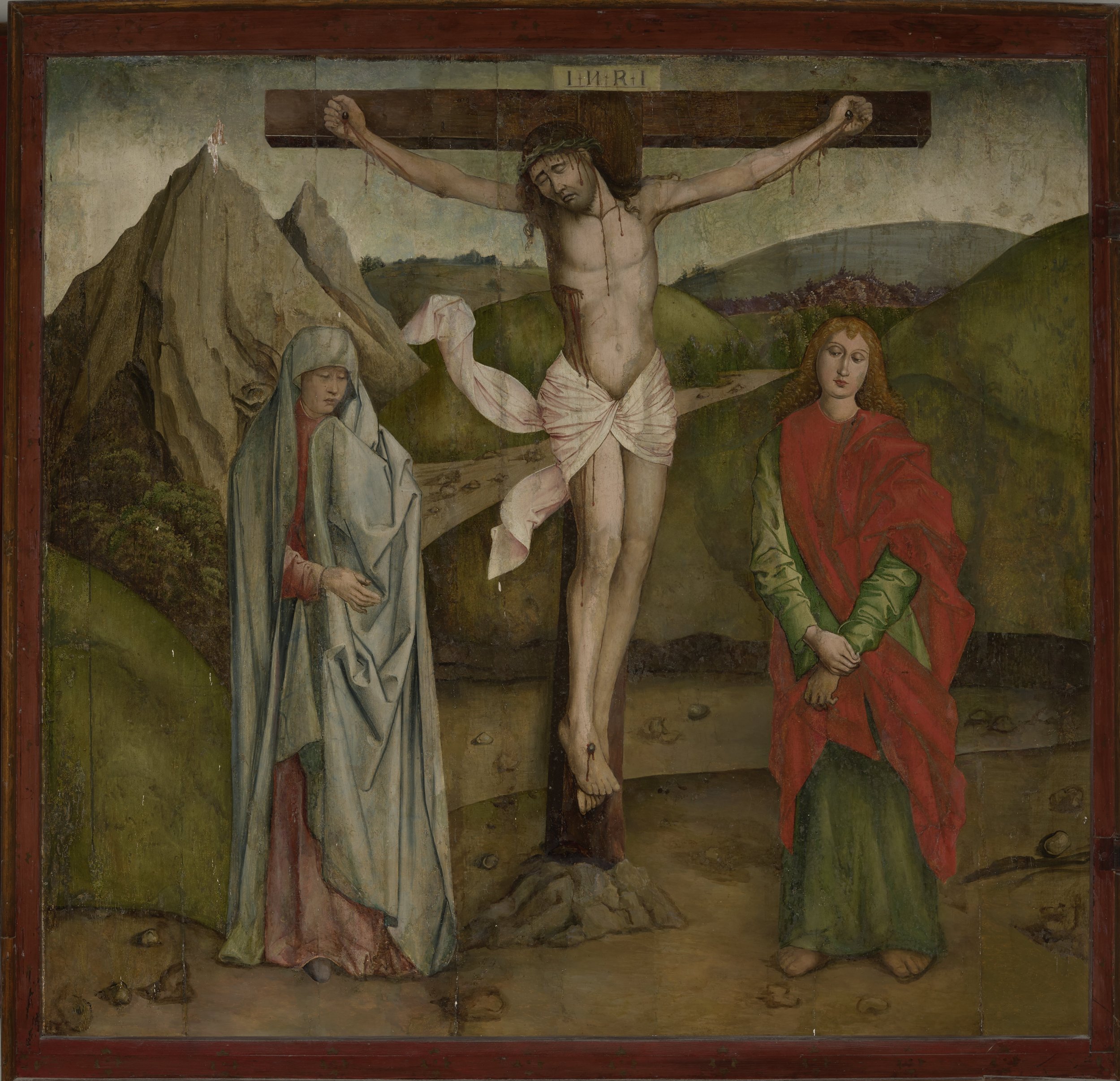 Siedmiogród (rzekomo sygnowany „Jonas Pictor Norimbergensis” co jednak niepotwierdzone) Ukrzyżowanie kwatera skrzydła nastawy ołtarzowej 1490/1500 Braszów (RO), Biserica Evanghelică C.A. din România – Parohia Brașov / Evangelical Church of the Augsburg Confession in Romania – Braşov Parish tempera na drewnie fot. Patryk Jezierski, Kacper Trzmiel /Pracownia Digitalizacji MNK