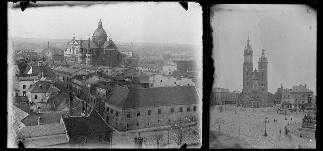 Dwie czarno-białe, obok siebie ułożone fotografie z miejskim widokiem: po lewej panorama dachów i zabudowy z dużym kościołem z kopułą i wieżami w tle, po prawej szeroki plac miejski z kościołem o dwóch wysokich wieżach, otaczającymi kamienicami, latarniami, kilkoma drobnymi postaciami i pomnikiem na pierwszym planie, obie klisze mają ciemne obramowania i ślady uszkodzeń.