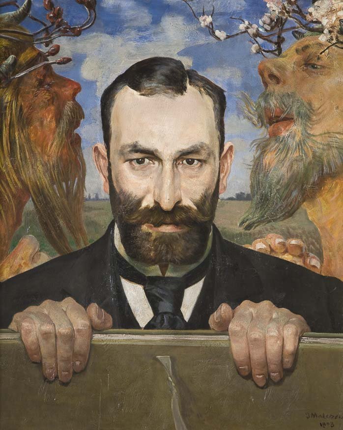 Portret malarski mężczyzny w ciemnym garniturze i krawacie z gęstymi wąsami i brodą, trzymającego oburącz krawędź płyty; w tle po obu stronach dwie stylizowane postacie z długimi brodami i gałęziami z kwiatami nad głowami oraz niebieskie niebo z chmurami.