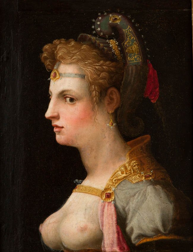 Portret kobiety w profilu na ciemnym tle; jasna karnacja i kręcone rudo‑blond włosy upięte pod ozdobnym nakryciem głowy z złotymi ornamentami i czerwonym akcentem, na czole diadem z kamieniem, wiszący kolczyk, odsłonięte piersi oraz złocista zdobiona naramiennica i szara suknia z różową wstążką.