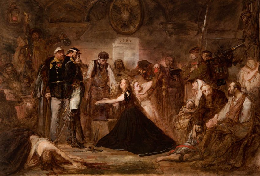 Obraz przedstawia przyćmione wnętrze z liczną grupą postaci w historycznych strojach; w centrum klęczy kobieta w długiej czarnej sukni wychylająca się nad niskim postumentem, po lewej stoją dwaj oficerowie w mundurach, wokół gromadzą się mężczyźni, kobiety i dzieci, po prawej widoczni żołnierze z bronią, na podłodze leżą dwie postacie, a na tylnej ścianie widoczny jest okrągły relief i tablica z napisem "1805".