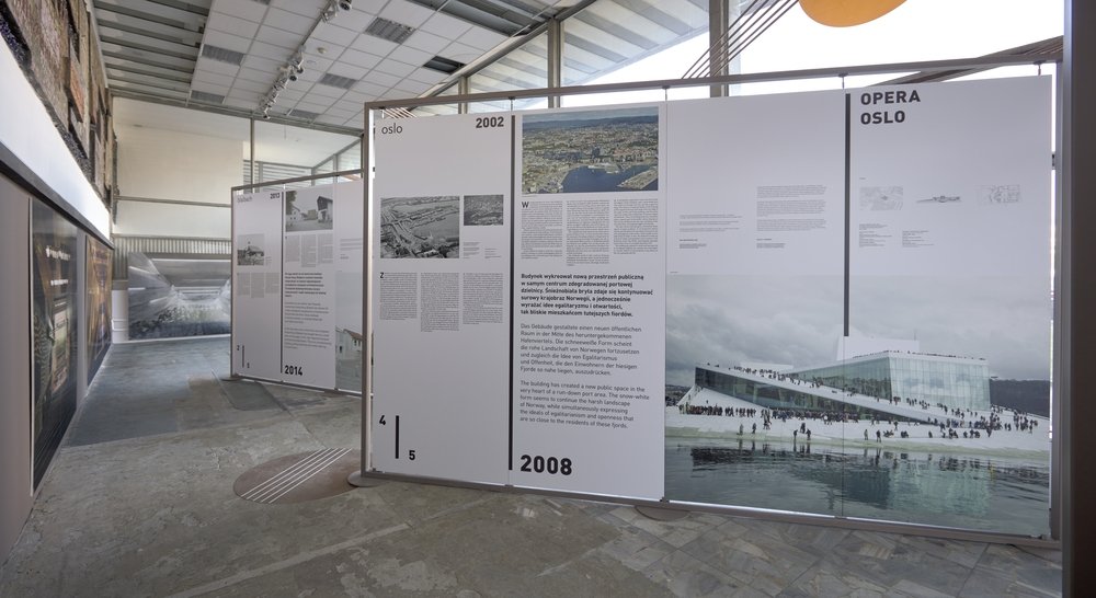 Wnętrze wystawy w przemysłowej hali z betonową podłogą i sufitem z kratownic, z dużymi wolnostojącymi panelami informacyjnymi o Oslo i Operze Oslo zawierającymi teksty, zdjęcia, plany, lata (2002, 2008, 2014) oraz dużą wizualizacją budynku nad wodą z małymi sylwetkami ludzi.