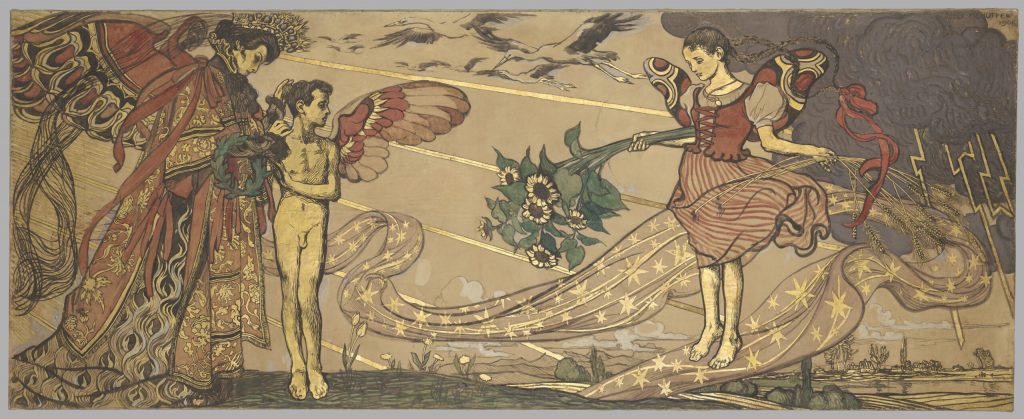 Panoramiczna ilustracja w secesyjnym stylu przedstawiająca z lewej postać w bogato zdobionym czerwonym płaszczu i koronie, obok niej nagiego młodzieńca z czerwonymi skrzydłami trzymającego wieniec; z prawej unoszącą się kobietę w czerwonej sukience z motylowymi skrzydłami, która przekazuje bukiet słoneczników i snop pszenicy związany czerwoną wstęgą; scena połączona złotymi promieniami i falującą wstęgą ozdobioną gwiazdami, nad nimi lecące ptaki, po prawej ciemna chmura z piorunami, a u dołu widoczny krajob