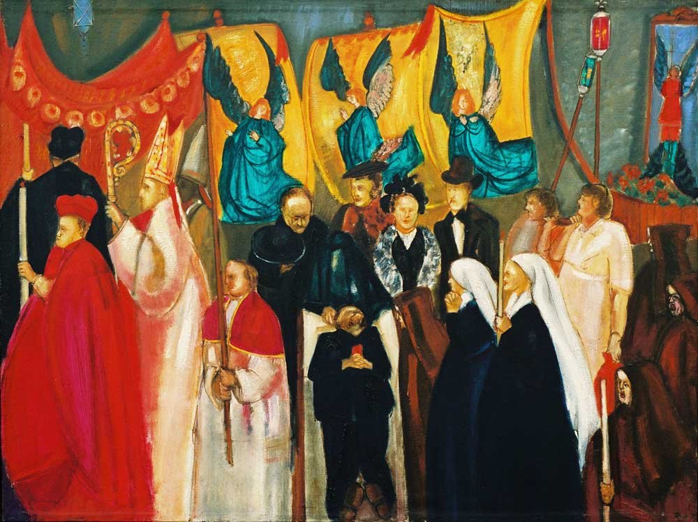 Obraz przedstawiający barwną scenę z lewej duchowni w czerwonych i białych szatach trzymający pastorał i świecę, w centrum grupa mężczyzn i kobiet — w tym dziecko z głową pochyloną — a po prawej dwie siostry zakonne w czarnych habitach z białymi welonami, na tle żółto‑niebieskich sztandarów z wizerunkami aniołów, czerwonych kotar i ozdobnych lamp.