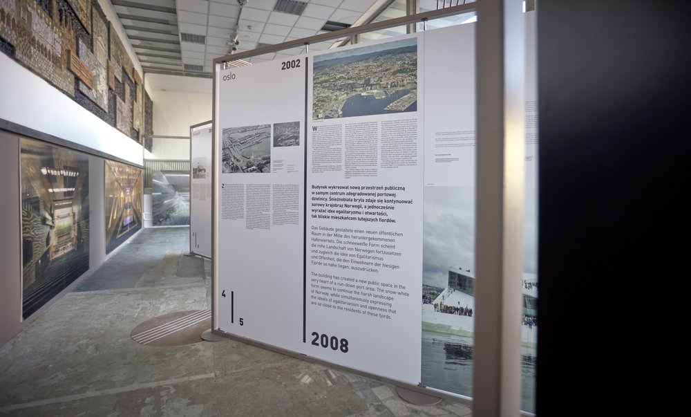 Wnętrze galerii z wolnostojącymi białymi panelami wystawowymi opisującymi Oslo (napisy 2002 i 2008), na pierwszym planie duży panel z tekstem i zdjęciami oraz fragmentem fotografii nabrzeża, po lewej ściana z oprawionymi obrazami i mozaiką, betonowa posadzka i sufit z lampami.