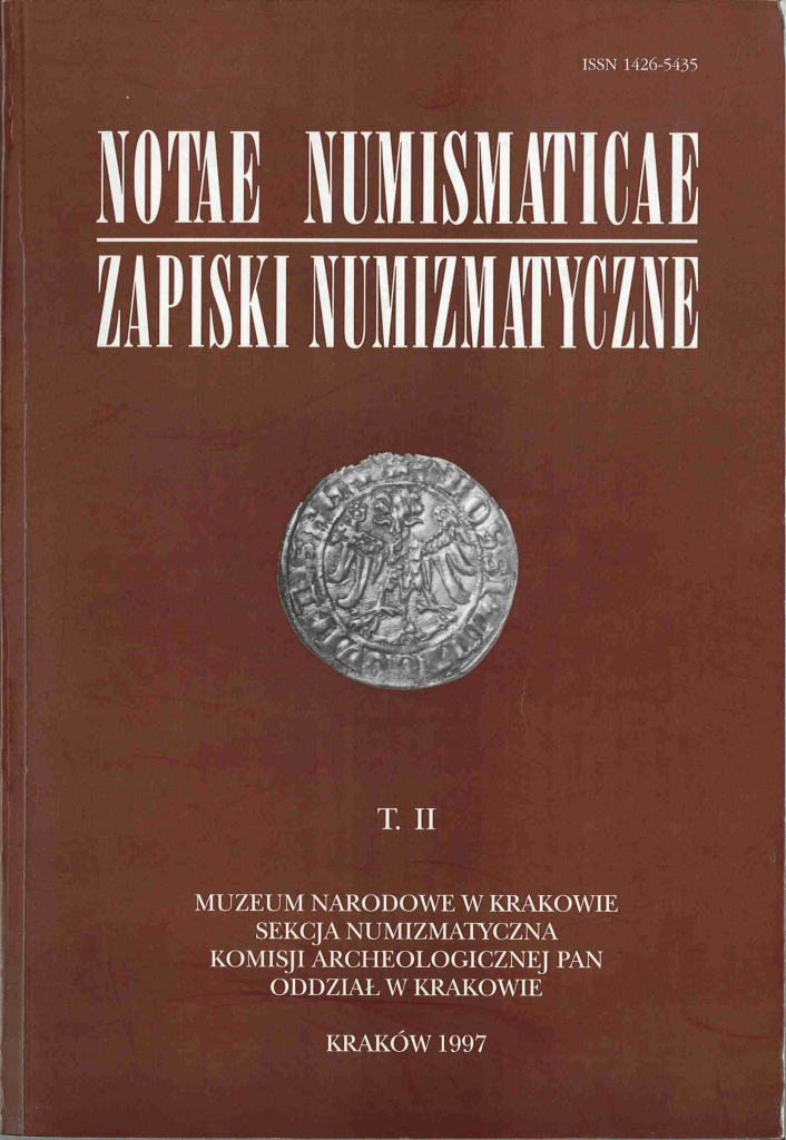 Ciemnobrunatna okładka książki z dużym białym tytułem „NOTAE NUMISMATICAE” i podtytułem „ZAPISKI NUMIZMATYCZNE” u góry, małym numerem ISSN w prawym górnym rogu, zdjęciem srebrnej monety na środku, niżej napisem „T. II” oraz białym tekstem informującym o Muzeum Narodowym w Krakowie i datą „KRAKÓW 1997”.