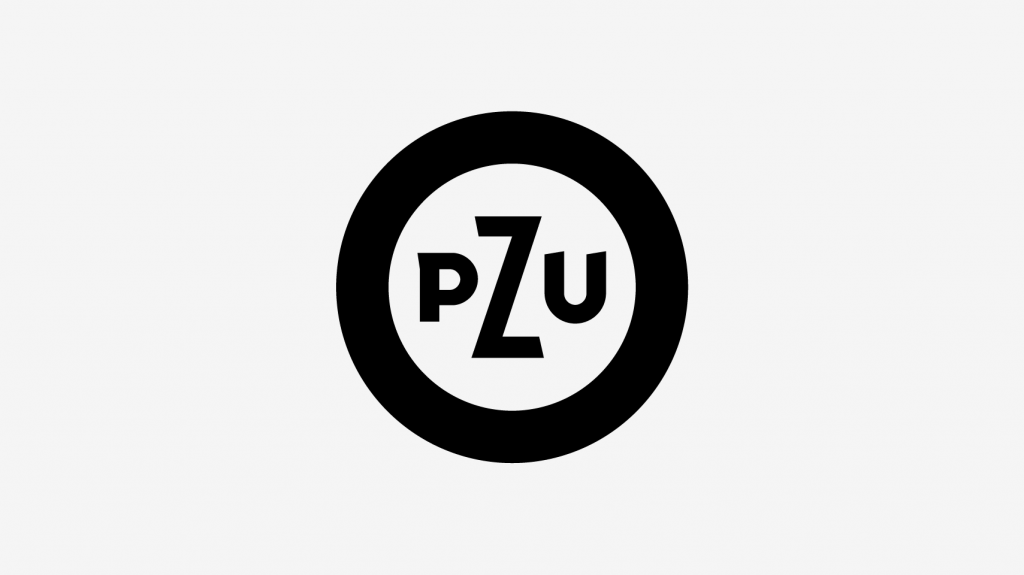 Szerokie czarne logo z grubym czarnym pierścieniem wokół białego koła, w środku czarne litery P Z U ze środkową, wyraźnie większą literą Z, na jasnoszarym tle.