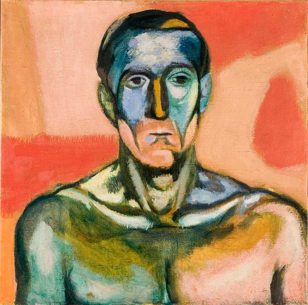 Portret od piersi w górę męskiej postaci namalowany płaskimi, zgeometryzowanymi plamami kolorów — twarz i tors w odcieniach błękitu, zieleni i żółci z ciemnymi konturami, na tle płaskich pól różu i koralu ze widocznymi śladami pędzla.