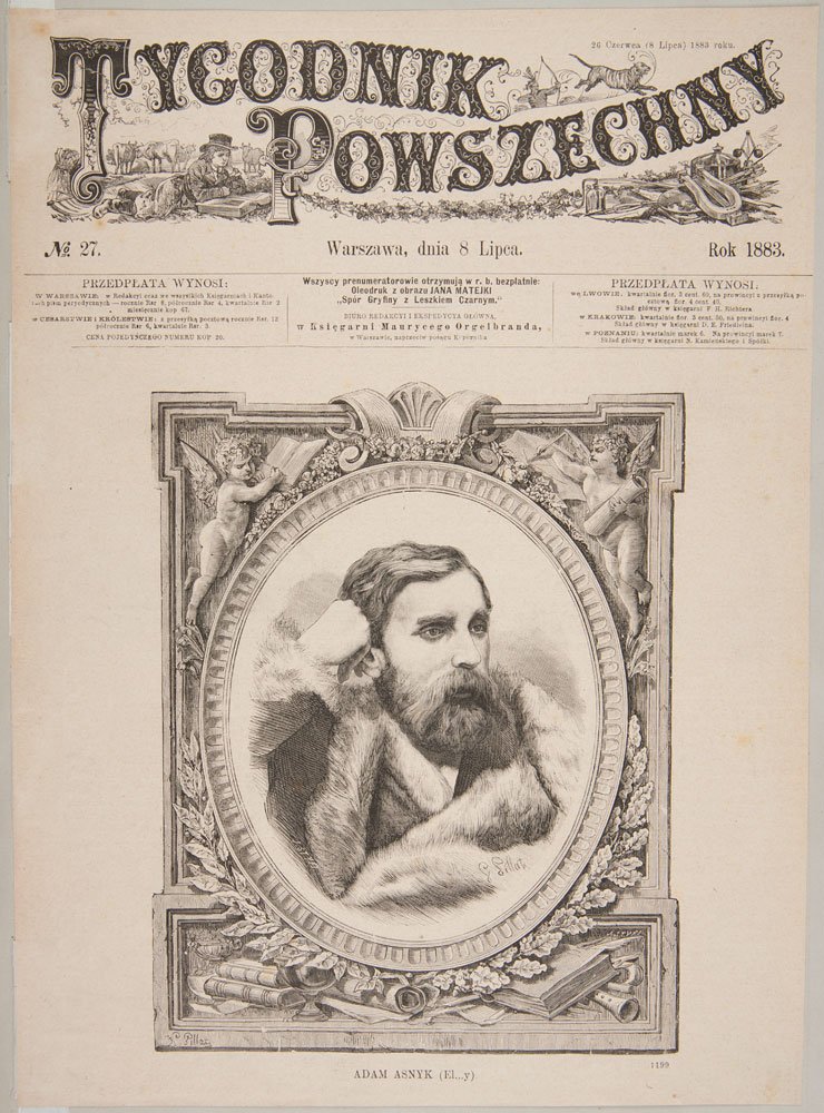 Okładka czasopisma Tygodnik Powszechny z ozdobnym nagłówkiem i datą "Warszawa, dnia 8 Lipca. Rok 1883", z centralnym owalnym, ornamentalnie oprawionym rysunkiem brodatego mężczyzny w futrze, otoczonym cherubinami i motywami książek i zwojów, oraz podpisem "Adam Asnyk" pod portretem.