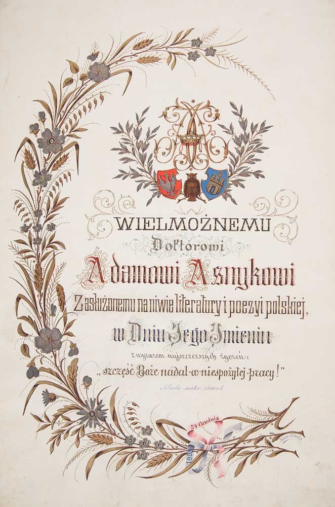 Ozdobny pionowy dokument z herbem i dwiema kolorowymi tarczami u góry, bogatą kaligrafią w środku oraz wijącą się złoto‑szaro‑brązową ramą z kwiatów i liści po lewej stronie i na dole, z dekoracyjną wstążką i datą u podstawy.
