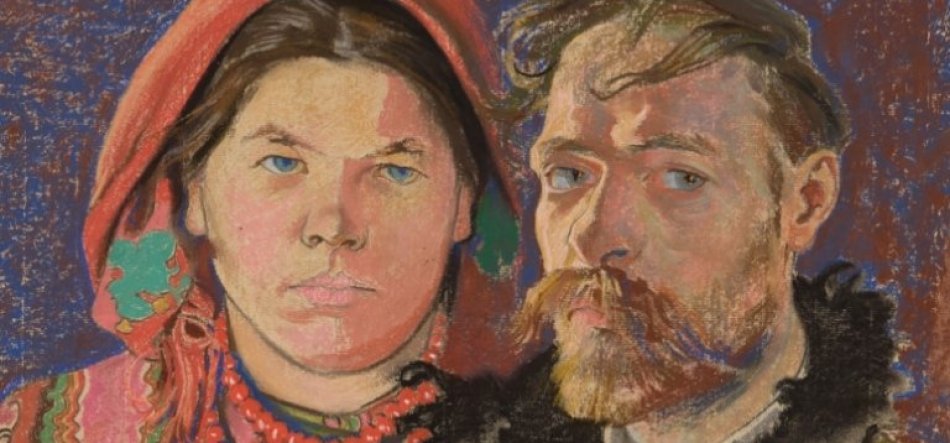 Malarski portret popiersiowy dwóch osób obok siebie: po lewej kobieta w czerwonej chustce z kolorowymi wzorami i czerwonymi koralikami, po prawej mężczyzna z wąsami i brodą w ubraniu z futrzanym kołnierzem, obie twarze o jasnej karnacji na niebiesko‑fioletowym tle.