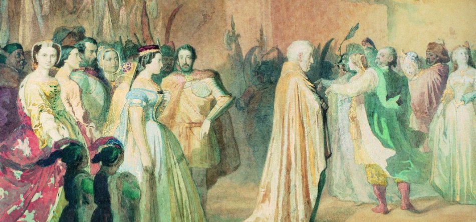 Obraz ukazuje zgromadzenie postaci w historycznych strojach: po lewej grupy kobiet w długich, kolorowych sukniach, po prawej mężczyzn i kobiet w pelerynach i turbanach, w środku stoi starszy mężczyzna w długim beżowym płaszczu zwrócony do młodszego mężczyzny w zielonym płaszczu gestykulującego, a w tle zarysowane sylwetki żołnierzy i proporców.
