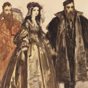 Akwarelowy obraz trzech postaci w historycznych strojach: centralnie stojąca kobieta w ozdobnej długiej sukni i nakryciu głowy, po prawej mężczyzna w ciemnym długim płaszczu i czapce z długą brodą, po lewej częściowo widoczny mężczyzna w rdzawym płaszczu.