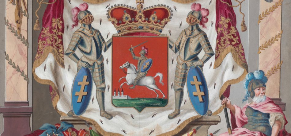 Herb na czerwonej tarczy przedstawiający rycerza na białym koniu z uniesionym mieczem i niebieską tarczą z złotym podwójnym krzyżem, nad tarczą duża złota korona i rozciągnięta biała peleryna w ermine; tarczę podtrzymują po obu stronach dwaj zbrojni rycerze z niebieskimi tarczami z krzyżami, a po prawej siedzi brodaty mężczyzna w zbroi i czapce z piórami, całość osadzona w ozdobnej architektonicznej ramie.