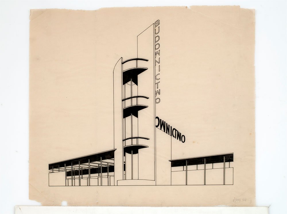 Rysunek architektoniczny czarnym tuszem przedstawiający modernistyczny budynek z wysoką smukłą wieżą z trzema półokrągłymi balkonami i pionowym napisem BUDOWNICTWO oraz dwiema niskimi symetrycznymi skrzydłami z filarami na pożółkłym papierze.