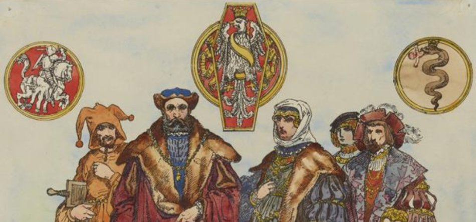 Pięć postaci w bogato zdobionych historycznych strojach stoi w rzędzie na pierwszym planie, a nad nimi umieszczone są trzy okrągłe insygnia: po lewej czerwony medalion z białym rycerzem na koniu, na środku pionowy czerwono‑złoty herb z orłem, po prawej złoty medalion z wijącym się wężem.