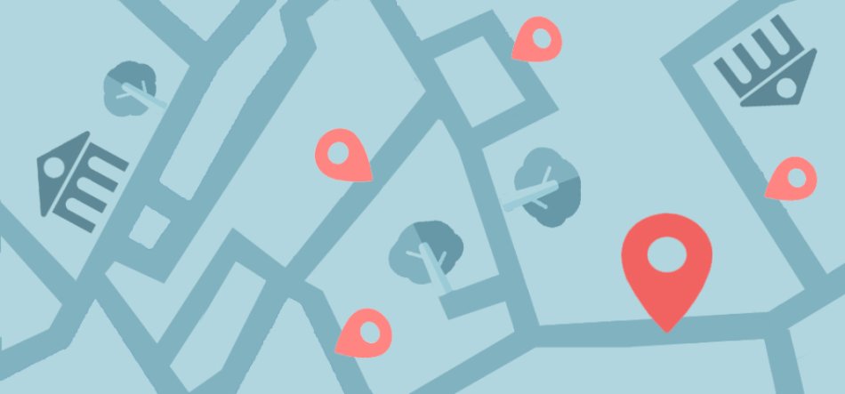 Ilustrowana schematyczna mapa na jasnoniebieskim tle z turkusowymi ulicami, ikonami drzew i budynków oraz kilkoma różowoczerwonymi znacznikami lokalizacji, w tym jednym dużym po prawej.