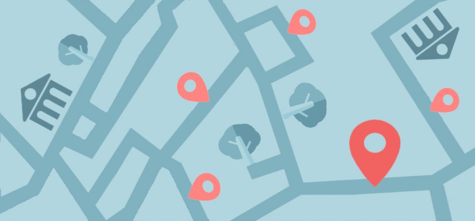 Stylizowana mapa w odcieniach błękitu z geometryczną siecią ulic, ikonami drzew i budynków oraz kilkoma różowo-koralowymi znacznikami lokalizacji, z jednym dużym znacznikiem po prawej stronie.