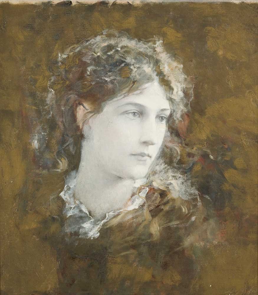 Portret popiersia kobiety o bladej twarzy zwróconej w prawo, z kręconymi włosami i jasnym kołnierzem, namalowany miękkimi, rozmytymi pociągnięciami na brązowo-ochrowym tle.