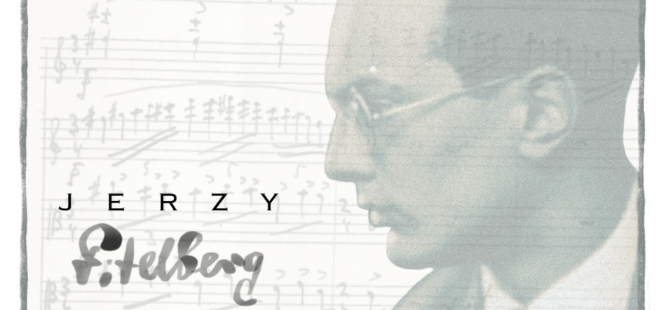 Półprzezroczysty profil mężczyzny w okularach po prawej stronie na tle zapisu nutowego, po lewej czarny tekst JERZY i pod nim odręczny napis Fitelberg.