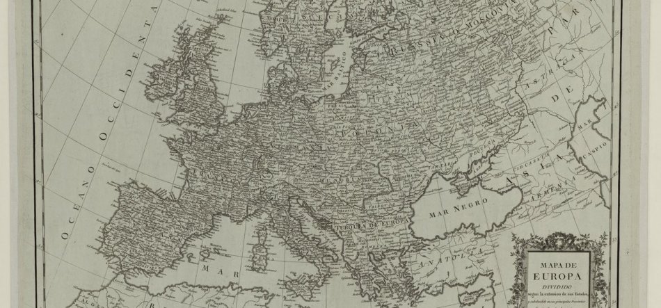 Czarno-biała, stylizowana na starą mapa Europy pokazująca kontynent z wyraźnymi wybrzeżami i nazwami państw i regionów, siatką geograficzną, Półwyspem Iberyjskim, Wyspami Brytyjskimi, Skandynawią, Włochami, Bałkanami, Anatolią, Morzem Czarnym opisanym "MAR NEGRO" oraz ozdobną kartuszą z napisem "MAPA DE EUROPA" w prawym dolnym rogu.