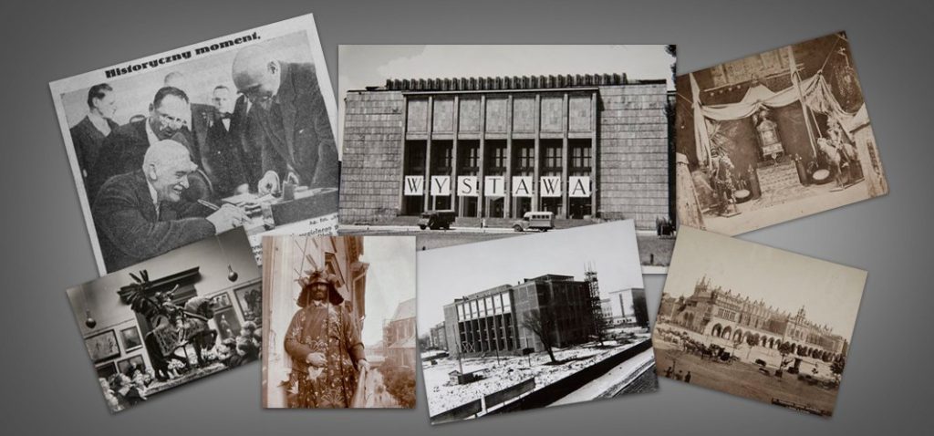 Kolaż rozrzuconych na szarym tle starych czarno-białych i sepiowanych fotografii przedstawiających m.in. grupę mężczyzn przy biurku z tytułem „Historyczny moment”, fasadę budynku z literami „WYSTAWA” w oknach, wnętrze z dużym rzeźbiarskim eksponatem, mężczyznę w stroju historycznym, scenę z namiotem i przedmiotami oraz kilka zdjęć starych budynków z powozami i placem.