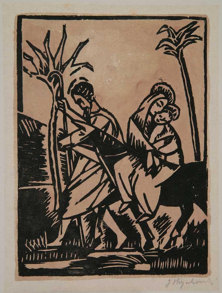 Czarny linoryt na brązowym papierze przedstawiający mężczyznę z laską prowadzącego osła, na którym siedzi kobieta trzymająca dziecko, po bokach dwie smukłe palmy i prostokątna rama obrazu.