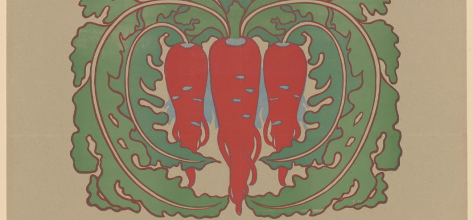Symetryczny, secesyjny motyw trzech czerwonych korzeni warzyw z niebieskimi akcentami, otoczonych bujnymi, falującymi zielonymi liśćmi tworzącymi ornament na beżowym tle.