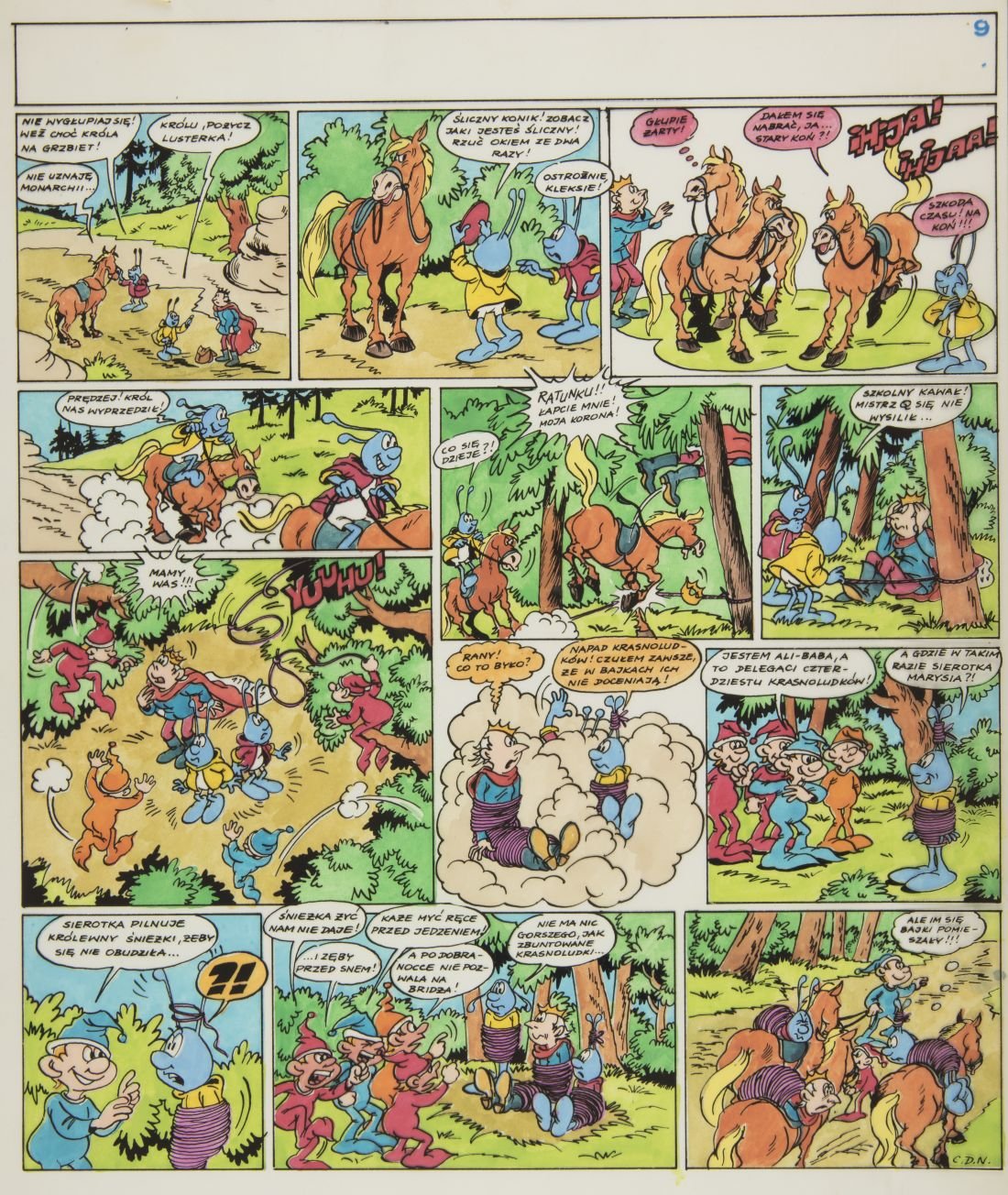 Kolorowa strona komiksu ułożona w kilkanaście prostokątnych kadrów pokazująca w lesie niebieskie, antropomorficzne postaci z czułkami, kilka brązowych koni w siodłach, małe krasnoludkowate postacie w jaskrawych ubraniach oraz dynamiczne sceny: podchodzenie do koni, galop i konie rzucające jeźdźców, chmury kurzu i dymu z onomatopejami, wiązanie niektórych postaci sznurami przy drzewach i liczne dymki dialogowe w języku polskim.