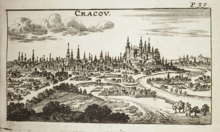 Miedziorytowa panorama opisana jako "CRACOV." przedstawiająca rozległe miasto z licznymi wysokimi wieżami i iglicami, meandrującą rzeką z mostami, pagórkowatymi przedpolami z polami i drzewami, kreskowane niebo z chmurami oraz oznaczenie "P.39" w prawym górnym rogu.