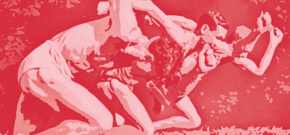 Monochromatyczna czerwonoróżowa grafika przedstawiająca dwie osoby w sportowych strojach w bliskim uścisku na ziemi, widok boczny z ziarnistym, teksturowanym tłem.