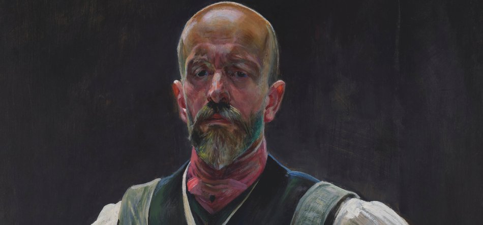 Malarski portret popiersia mężczyzny na ciemnym tle: łysy mężczyzna z wąsami i brodą, ubrany w białą koszulę, ciemną kamizelkę i czerwony chustnik przy szyi, z widocznym jasnym paskiem na ramieniu.