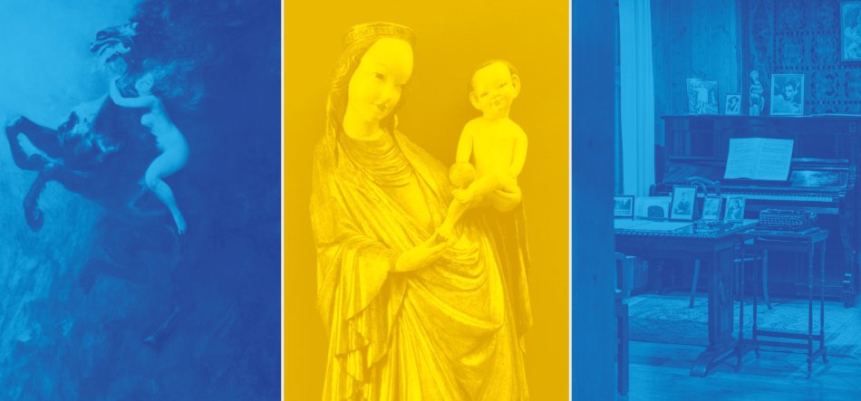 Triptych z trzema pionowymi panelami: lewy w niebieskich tonach przedstawia sylwetkę nagiej postaci na koniu, środkowy w żółtych tonach pokazuje rzeźbę kobiety trzymającej dziecko, a prawy w niebieskich tonach ukazuje wnętrze z fortepianem, nutami na pulpicie, kilkoma oprawionymi zdjęciami i stolikiem.