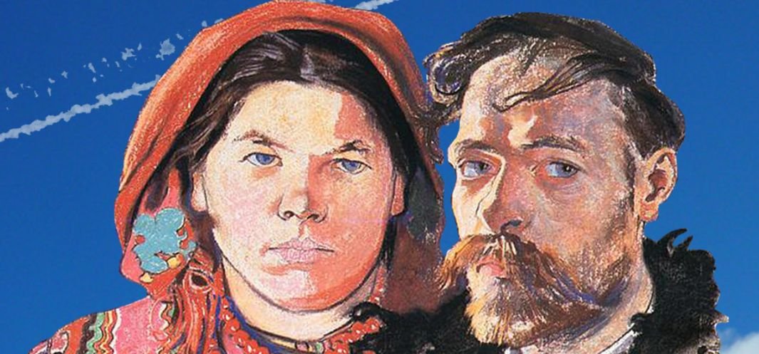 Malarski portret dwóch postaci zbliżonych do siebie na niebieskim tle: z lewej kobieta w pomarańczowej chuście i wzorzystej odzieży z niebieskim kwiatem przy uchu, z prawej mężczyzna z gęstymi wąsami i brodą w ciemnym okryciu.