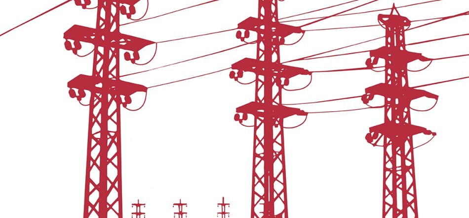 Grafika przedstawiająca stylizowane czerwone sylwetki trzech wysokich kratownicowych słupów energetycznych z kilkoma poziomymi przewodami i izolatorami na białym tle oraz mniejsze słupy w tle.