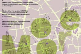 Mapa na jasnym tle z półprzezroczystymi zielonymi okręgami rozmieszczonymi po powierzchni, w każdym okręgu szkicowa ikona budynku lub pomnika, fioletowe linie i kropki łączące okręgi tworzą trasę, a w lewym górnym rogu widoczny jest blok tekstu z listą nazw miejsc.