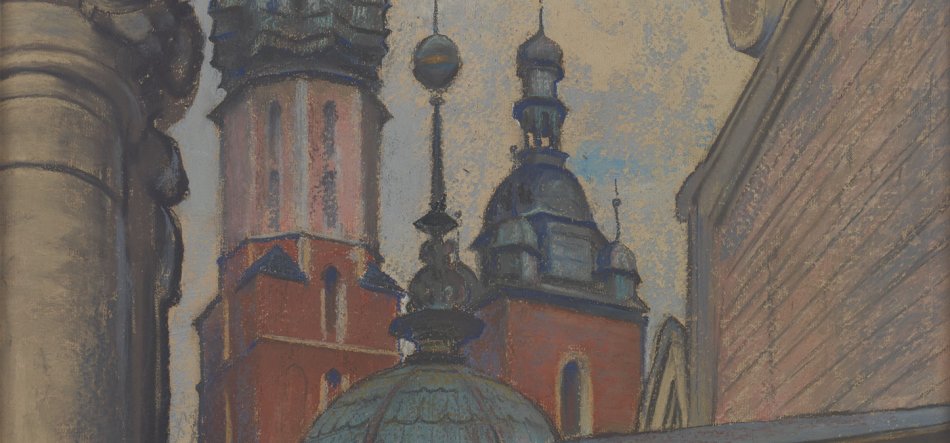 Fragment obrazu ukazujący zbliżenie architektonicznych wież i kopuł: czerwona ceglana wieża, zielonkawa kopuła z ozdobnymi iglicami i hełmami oraz fragmenty masywnej kolumny po lewej i ceglanej ściany po prawej.