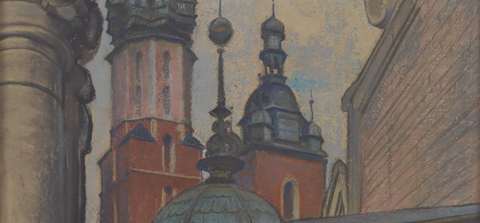 Fragment obrazu przedstawiającego architekturę: na pierwszym planie kopuła z zielonkawą patyną i ozdobnymi iglicami, w tle czerwone wieże z wąskimi oknami i nałożonymi hełmami, po lewej monumentalna kolumna, po prawej fragment ceglanej ściany.