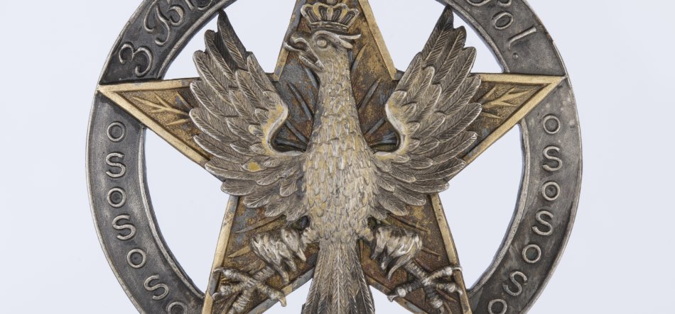 Zbliżenie metalowej odznaki: mosiężno-srebrna pięcioramienna gwiazda z umieszczonym na niej rzeźbionym orłem w koronie o rozpostartych skrzydłach, którego szpony spoczywają na skrzyżowanych elementach, całość otoczona okrągłą obręczą z wypukłym napisem.